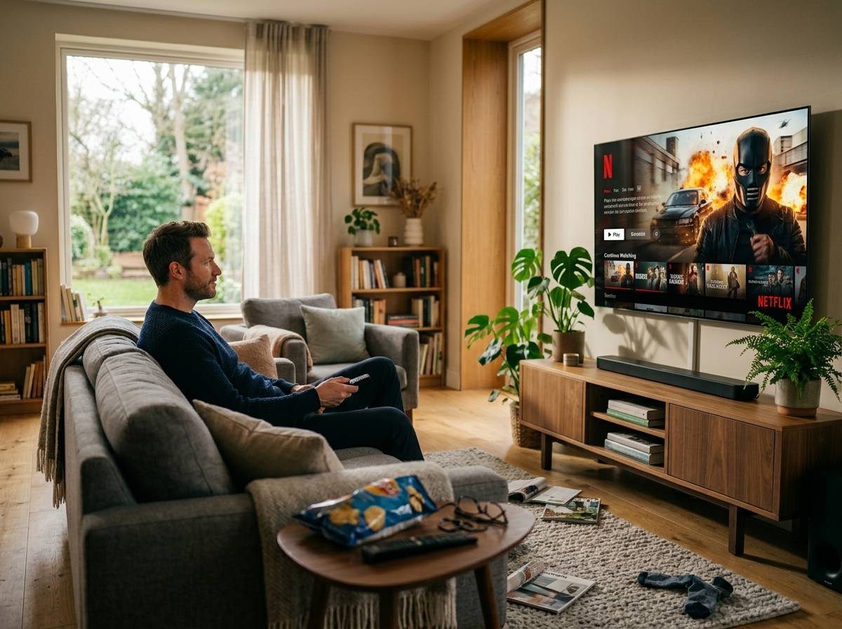 Homme assis sur un canapé dans un salon encombré, regardant un film d'action sur une interface de streaming rouge et noire.