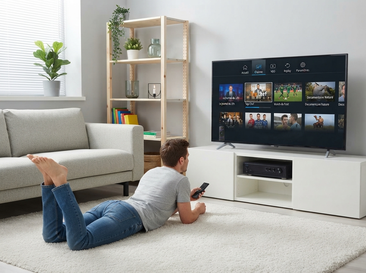 Un homme allongé sur un tapis devant une télévision affichant une interface de décodeur TV dans un salon.