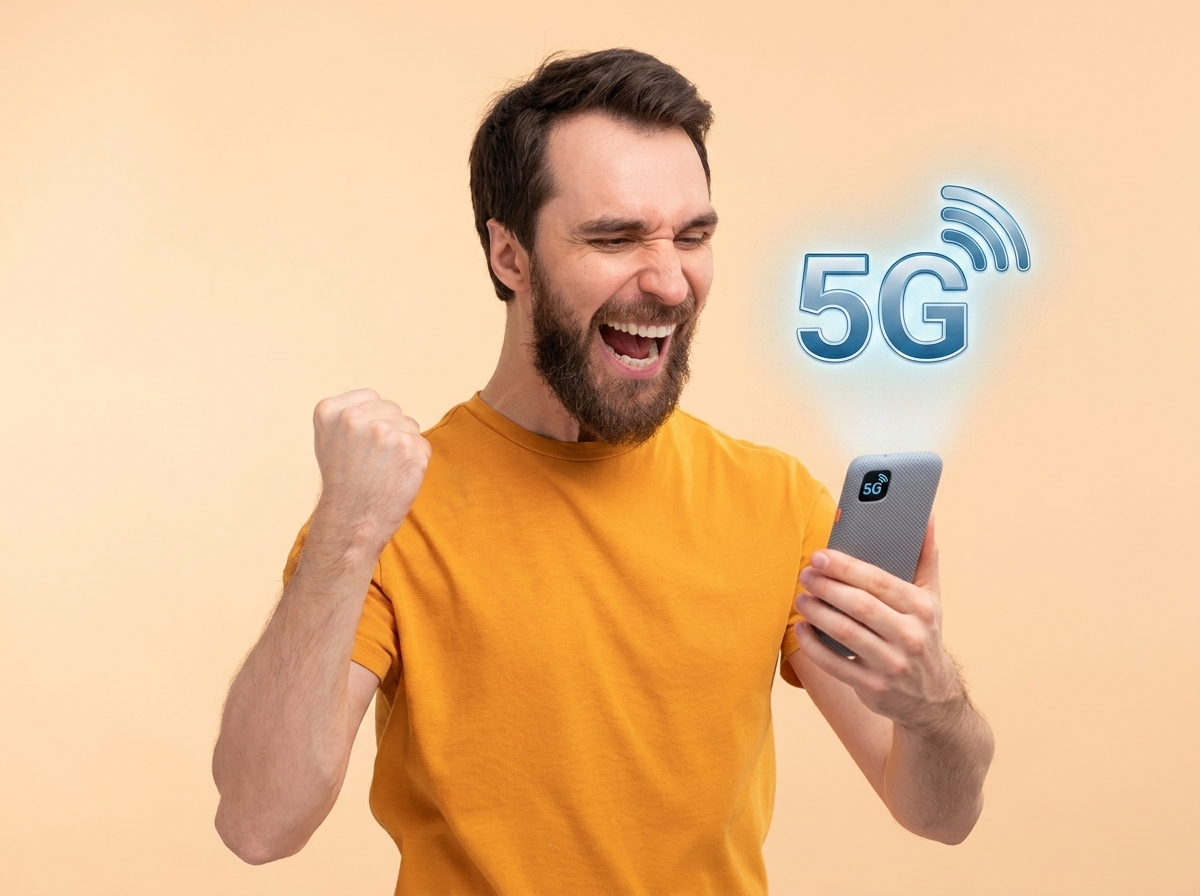 Homme super heureux devant son smartphone en 5G, car son forfait coûte seulement 6.99€/mois avec Prixtel