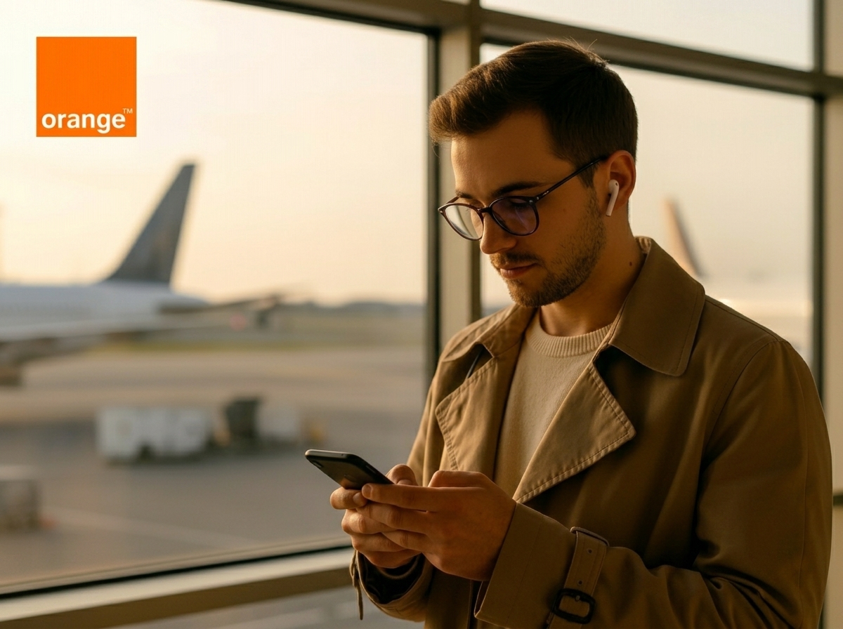 Homme sur smartphone à l'aéroport avec logo Orange, car nouveau forfait "Voyage"