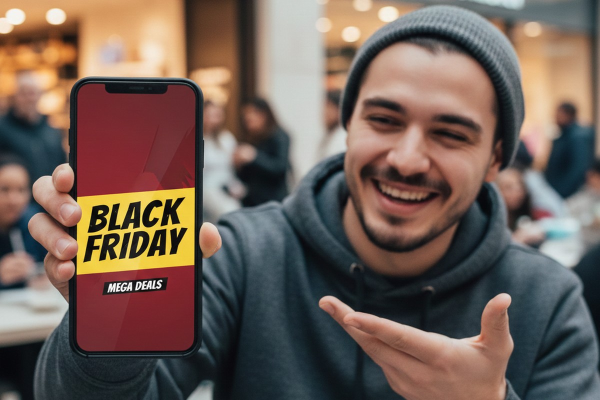 Homme à bonnet montre fièrement son smartphone, ravi de son forfait 10 Go à moins de 5€ chez Cdiscount Mobile