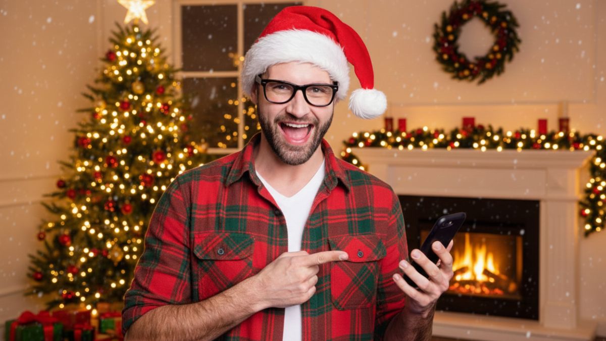 Homme avec bonnet de Noël et sapin montre son smartphone en souriant, ravis de ces 3 forfaits mobile discount