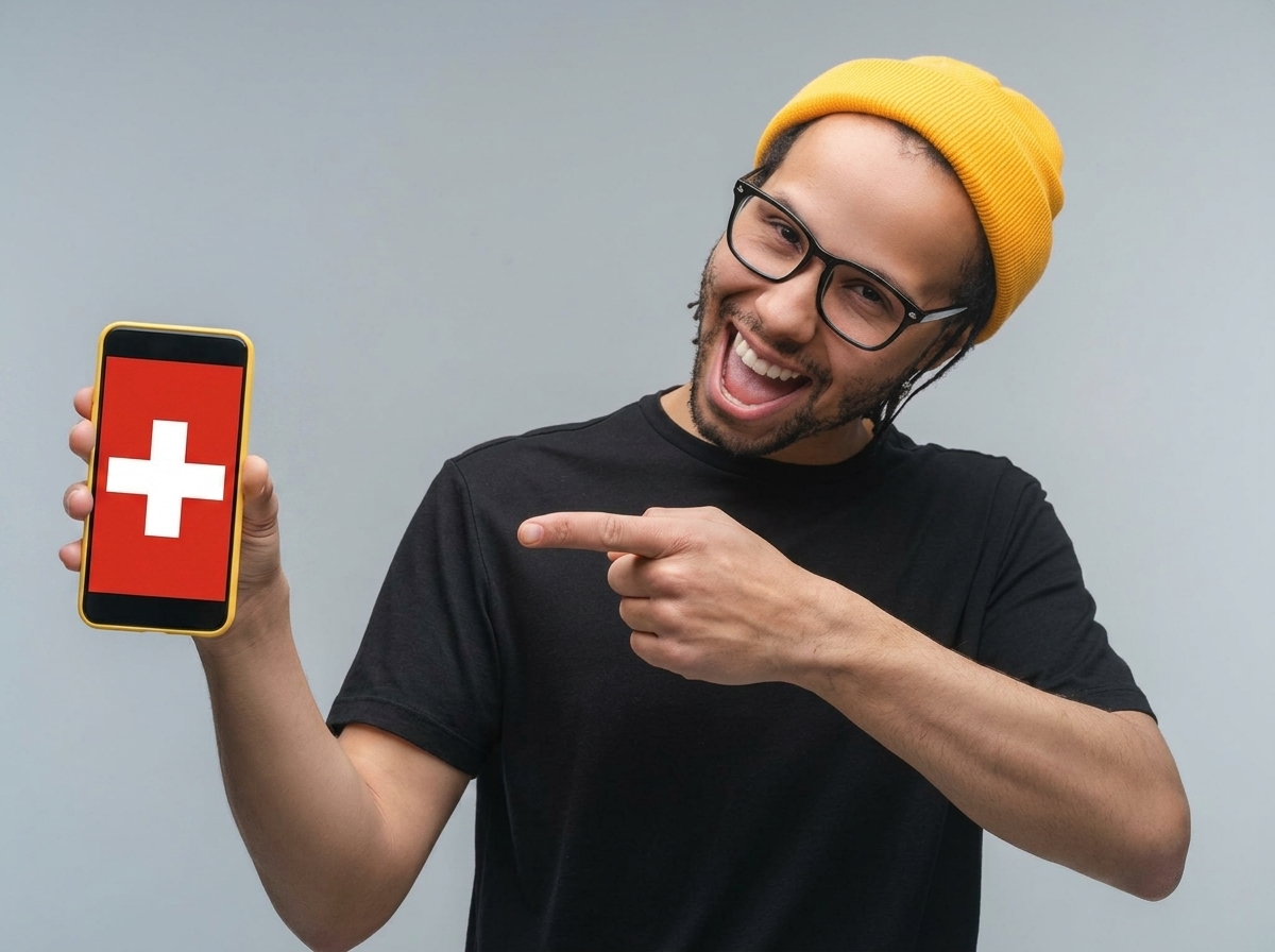 Homme à bonnet jaune montre son smartphone avec drapeau suisse, car il a trouvé un forfait idéal pour les frontaliers