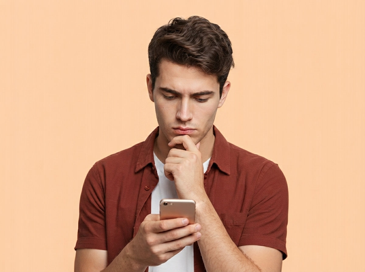 Jeune homme pensif regarde son smartphone, et se demande s'il peut trouver un forfait moins cher si moins de giga dans l'enveloppe