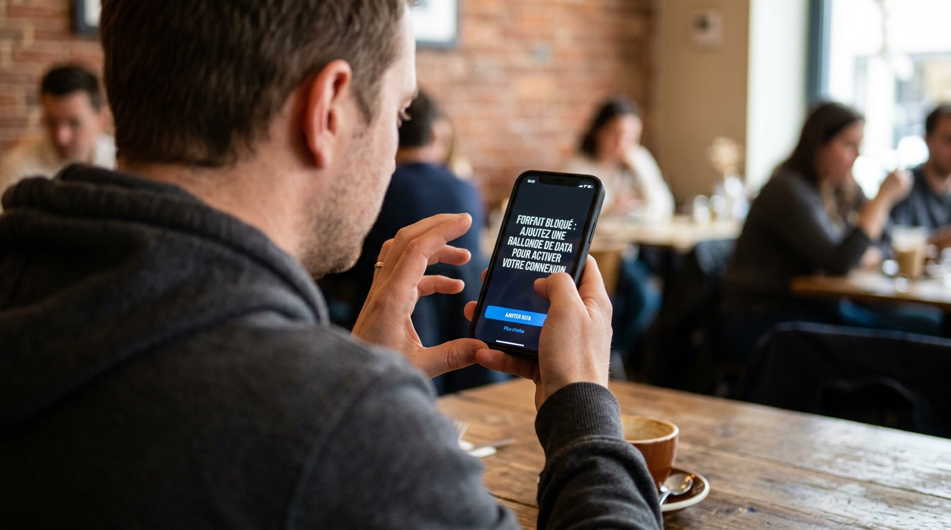 Vue arrière d'un homme regardant un message sur son smartphone indiquant un forfait bloqué et une option de recharge.