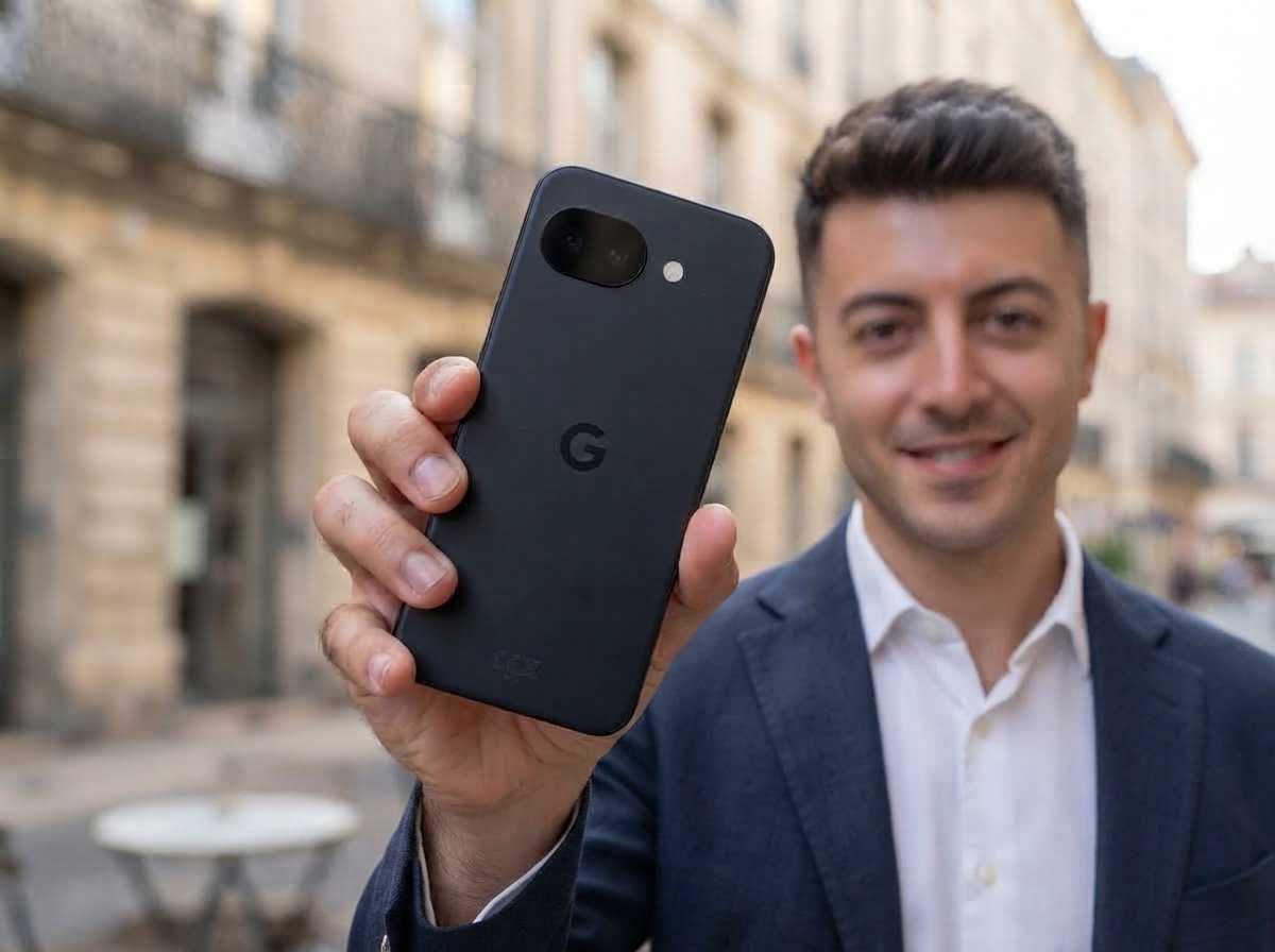 Un homme en veste et chemise tient un Google Pixel 10a dans une rue.