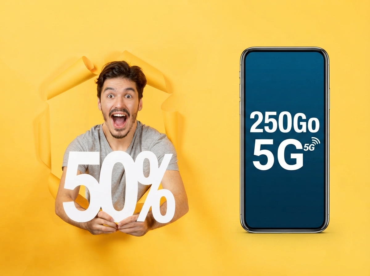 Homme sort content d'un fond jaune avec smartphone (5G 250Go), au-dessus de "50%", car Lebara offre 2 mois à moitie prix