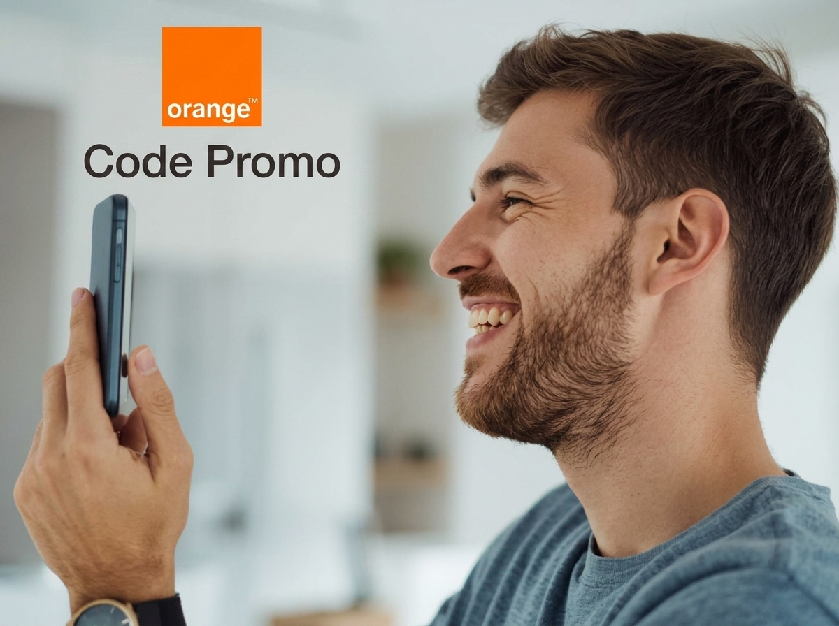 Homme sourit devant son smartphone, avec logo d'Orange et "Code promo", car -19€ pour les moins de 26 ans sur le forfait 5G de 200Go