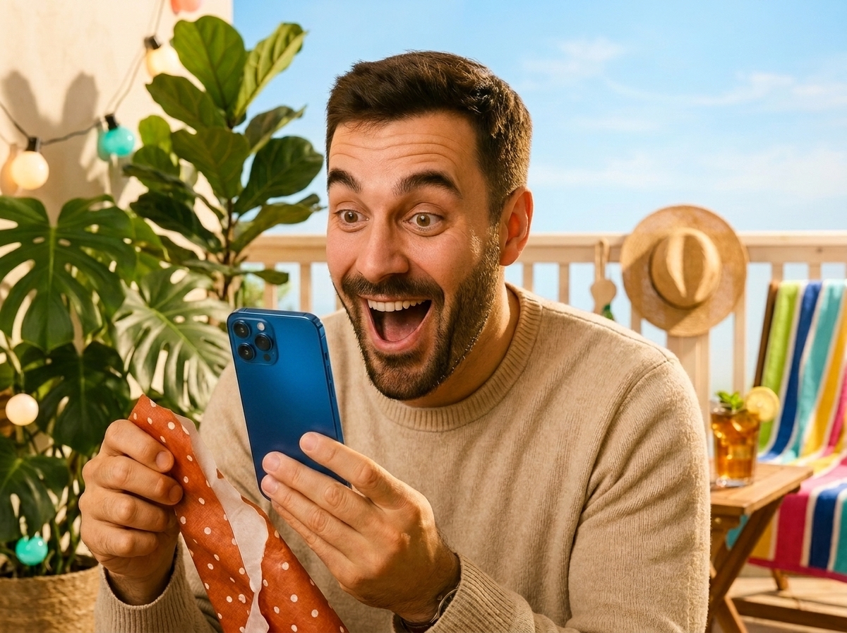 Homme sourit devant son smartphone, heureux de ses 250Go de 5G à moins de 9€ et SIM gratuite grâce à Lyca Mobile