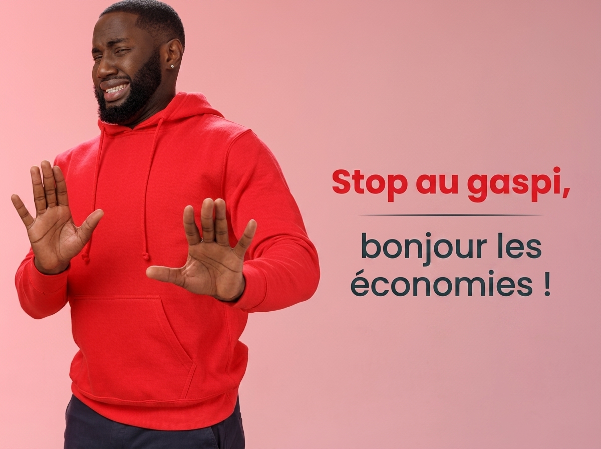 Homme en pull rouge, attitude de refus, "stop au gaspi, bonjour les économies", car forfait de YouPrice de 50Go à 7.99€ suffit