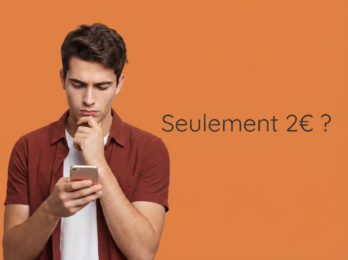 Jeune homme avec smartphone s'interroge : un forfait à 2€ est-il suffisant ?