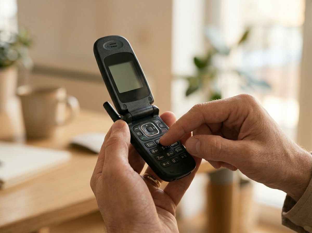 Mains tenant un téléphone à clapet noir, illustrant l'impossibilité de recevoir des appels ou des SMS.