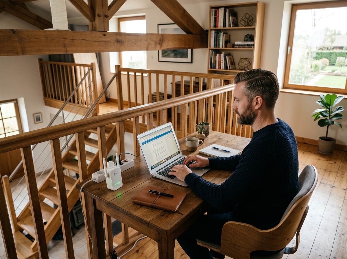 Un homme travaille sur un ordinateur portable à un bureau en bois sur une mezzanine avec un répéteur Wi-Fi.