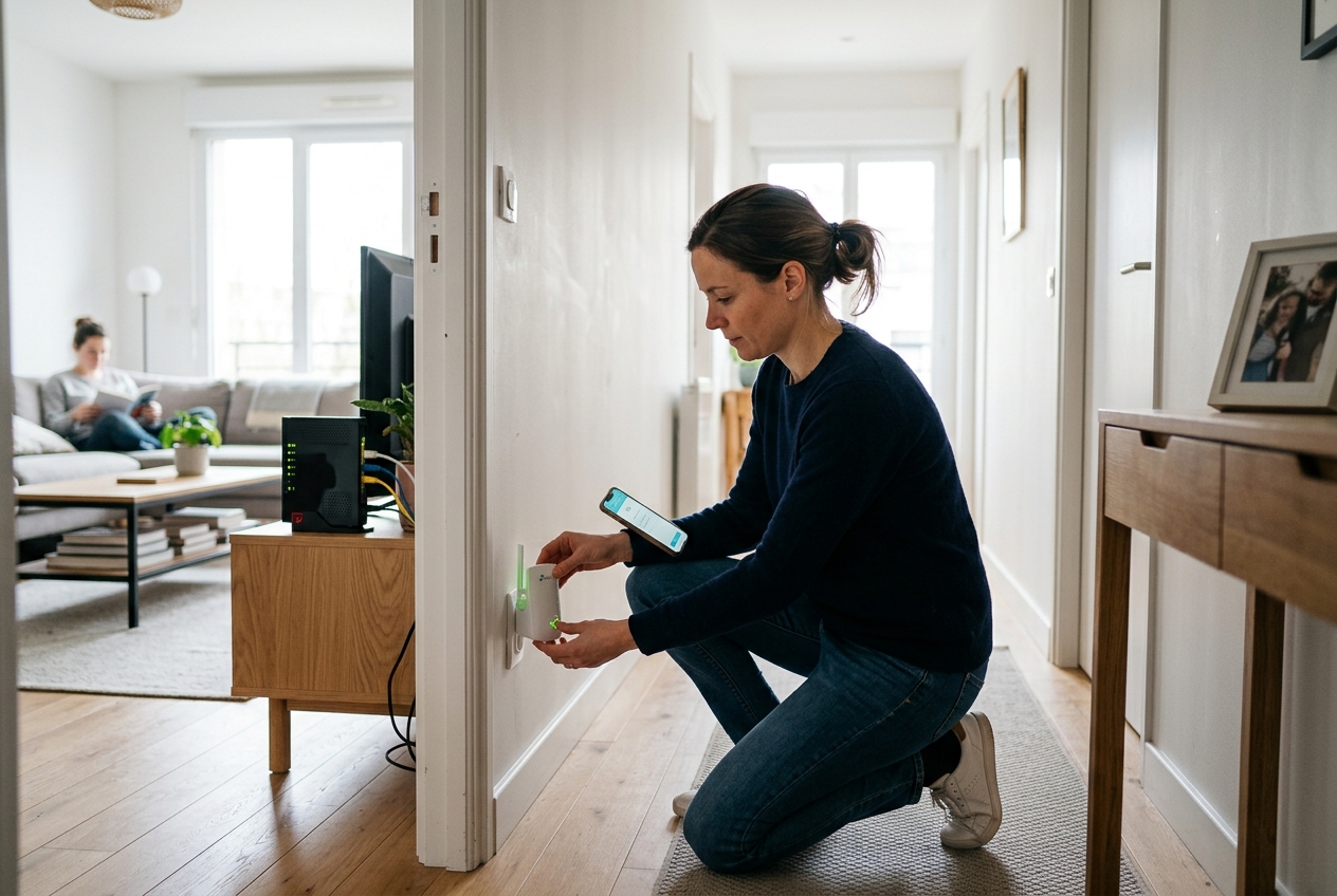 Une personne installe un répéteur Wi-Fi dans un couloir pour étendre la connexion de la box internet.