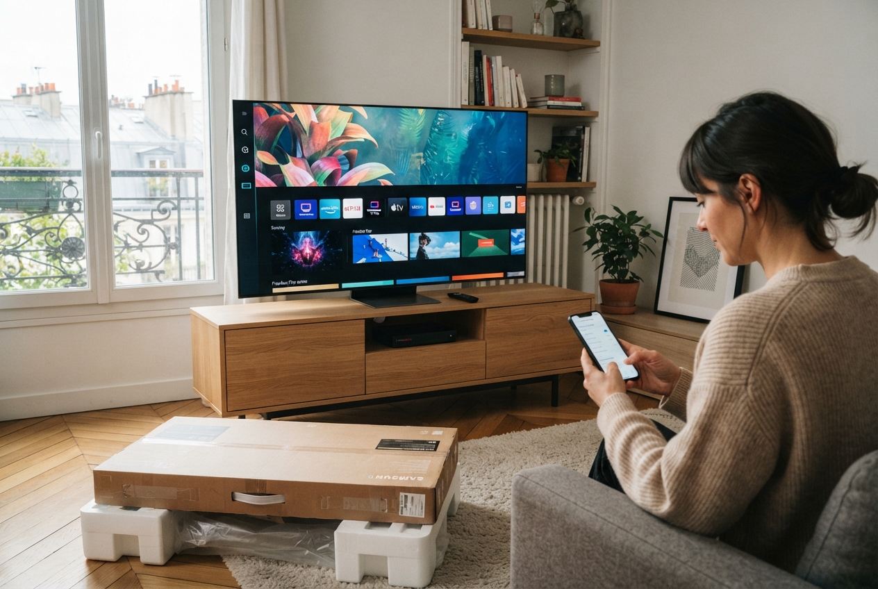 Personne consultant son smartphone devant un téléviseur Samsung et une Freebox installés dans un salon.