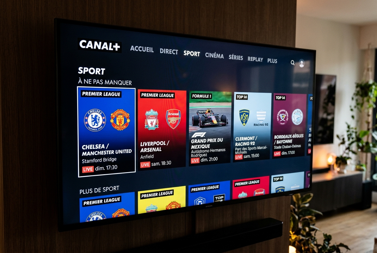Interface Canal+ sur écran TV affichant des vignettes de matchs de Premier League, F1 et Top 14.