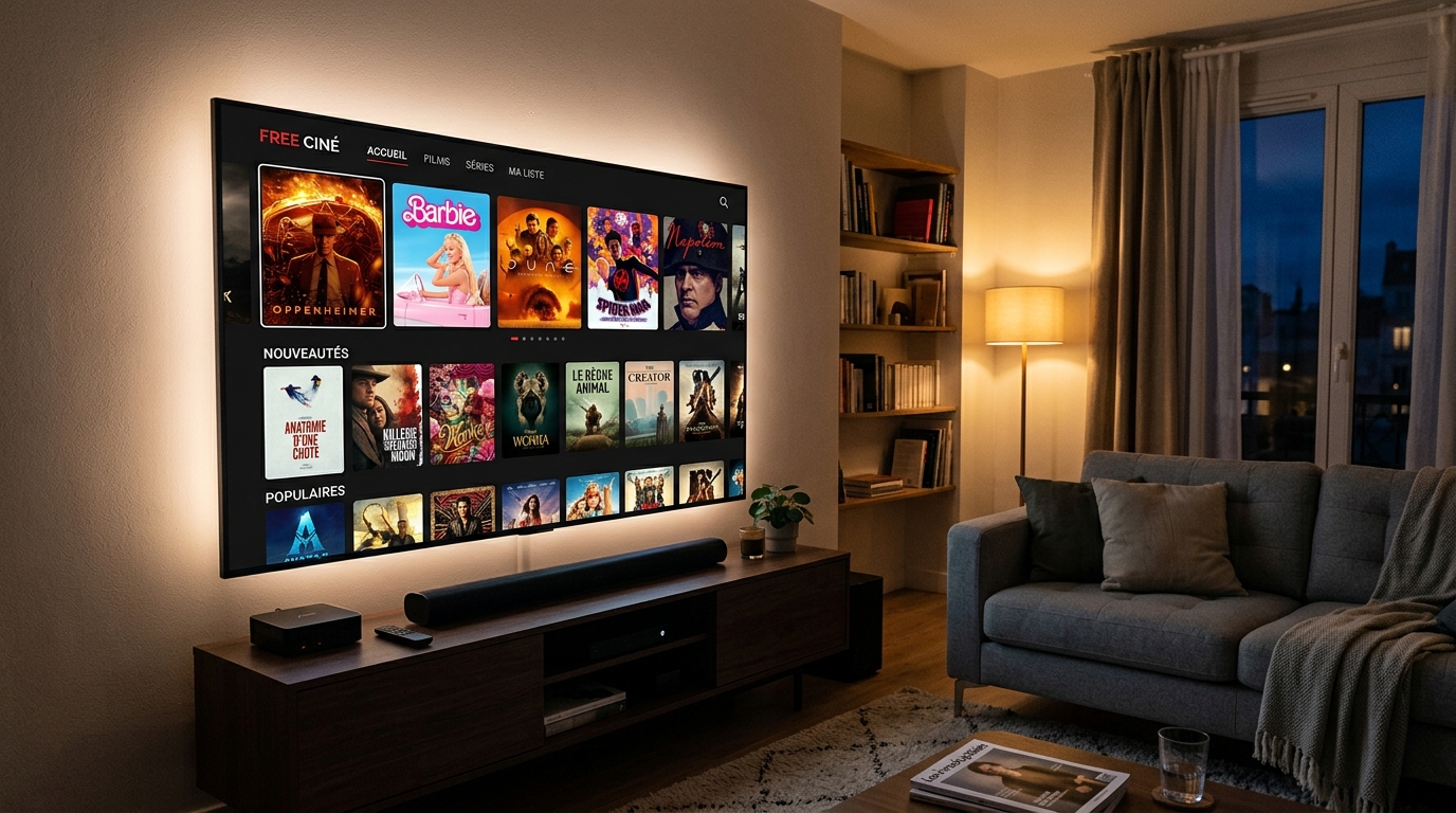 Interface Free Ciné affichée sur un téléviseur dans un salon contemporain avec éclairage tamisé.