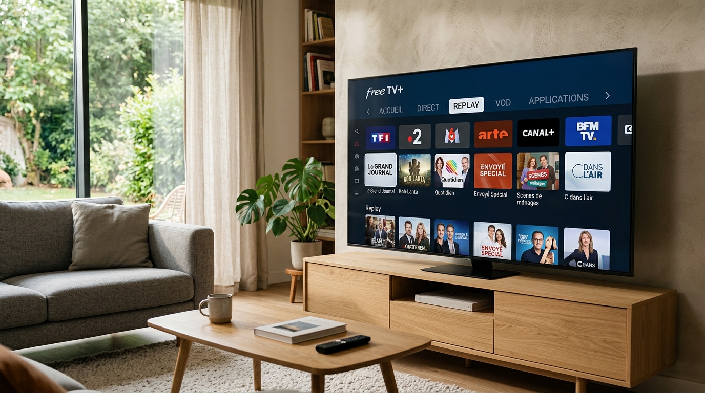 Téléviseur affichant l'interface Free TV+ dans un salon contemporain.