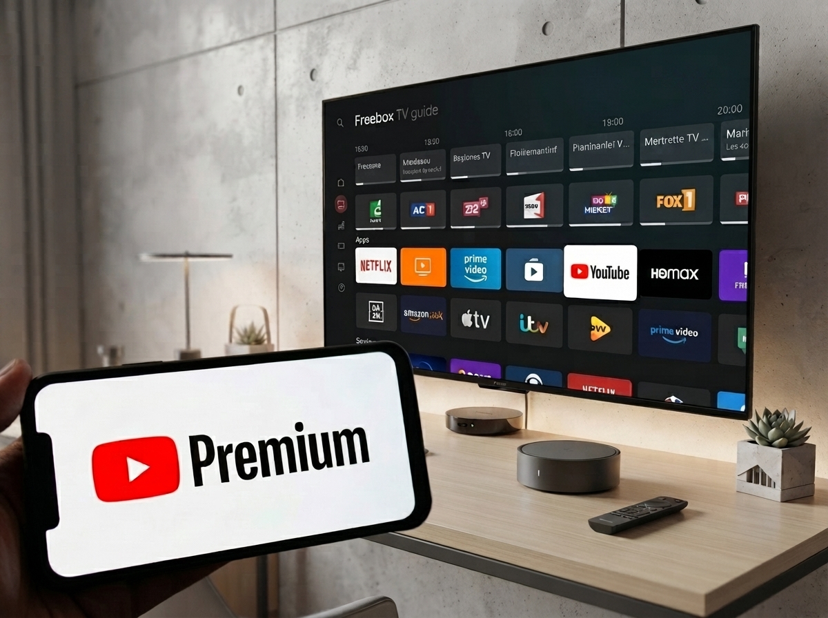 Smartphone affichant YouTube Premium devant un téléviseur avec l'interface OQEE by Free et un boîtier Freebox Pop.