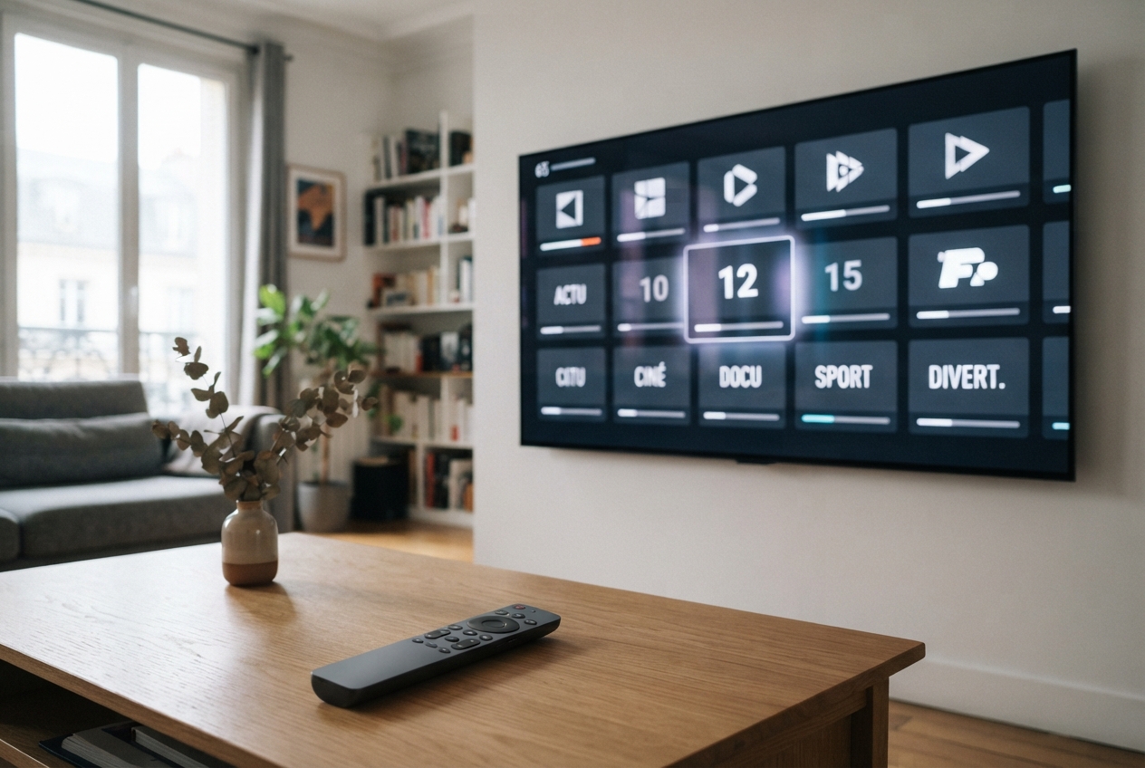 Télévision moderne affichant une interface de sélection de chaînes avec une télécommande au premier plan.