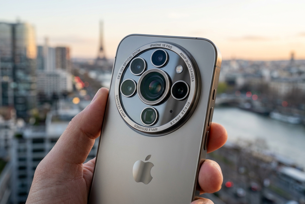 Vue rapprochée du bloc optique arrière d'un iPhone 18 Pro imaginaire avec trois objectifs intégrés au châssis.