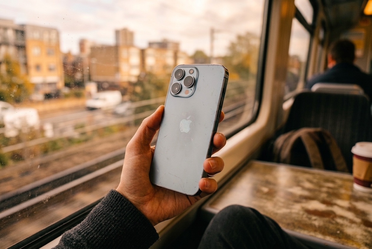 Une main tient un iPhone dans un train avec une vue sur la ville par la fenêtre.
