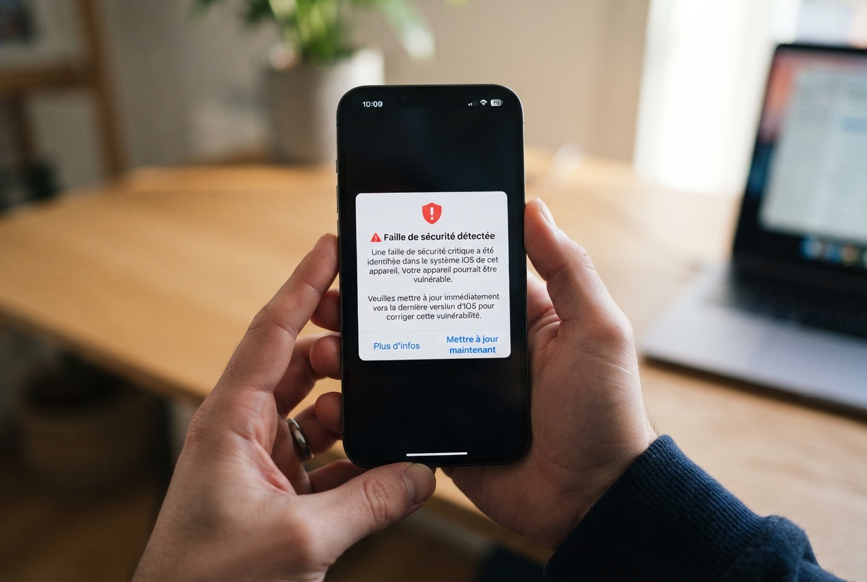 Message d'erreur concernant une faille de sécurité affiché sur l'écran d'un iPhone.