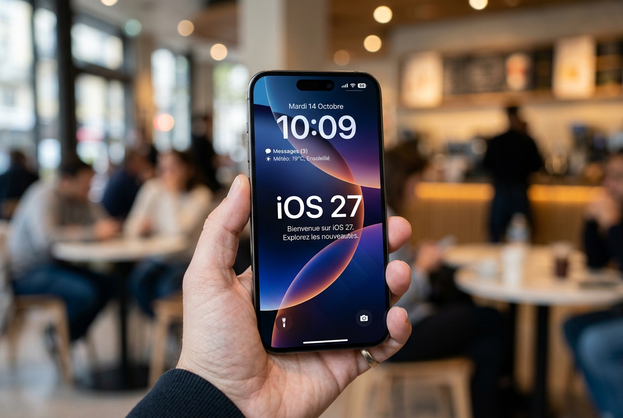 iPhone affichant le texte iOS 27 sur son écran.