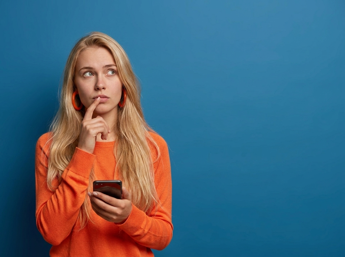 Femme blonde sur fond bleu s'interroge sur le forfait à 1.49€ de NRJ Mobile