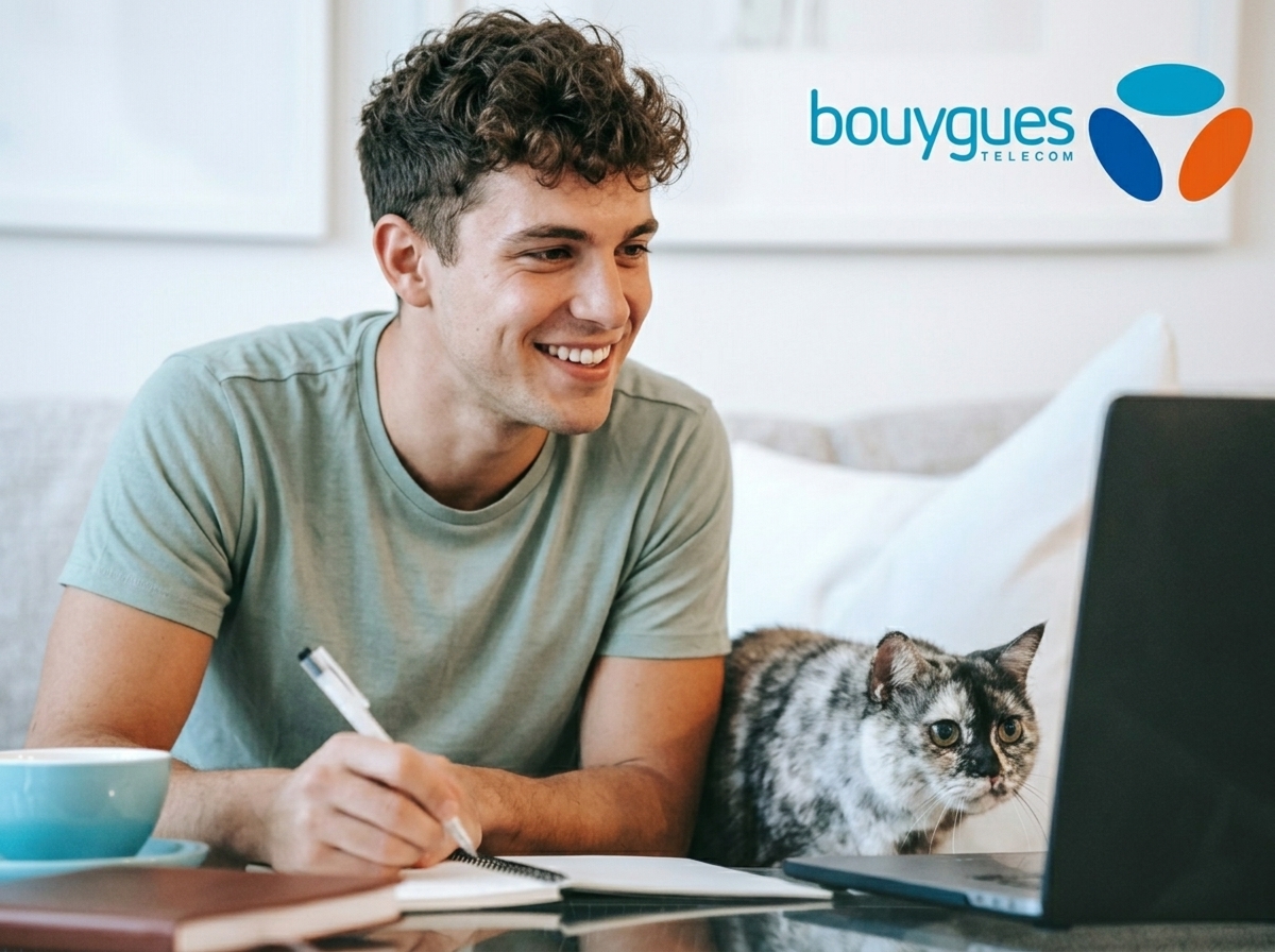 Jeune homme brun travaillant sur un ordinateur portable avec un chat à ses côtés, logo Bouygues Telecom.