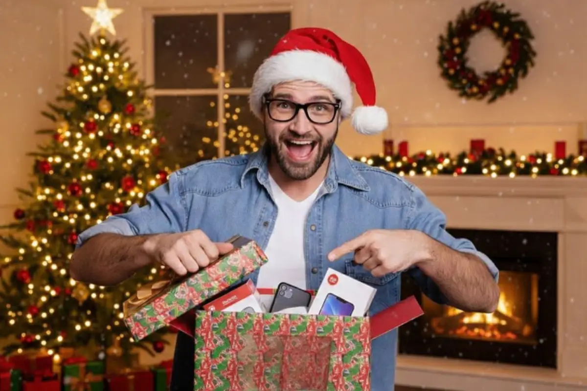 Homme avec bonnet de Père Noël montre son smartphone, ravi des différents cadeaux offerts avec les forfaits de B&You