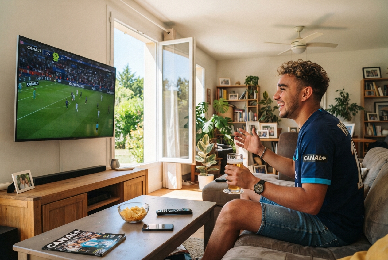 Un jeune homme regarde un match de football à la télévision sur Canal+ en été.