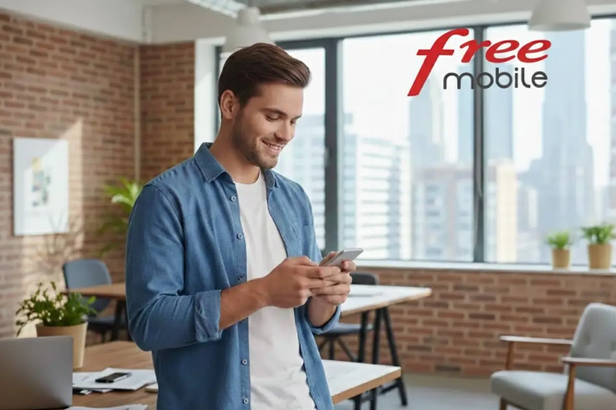 Homme dans son salon avec logo de Free active l'option Booster 1 Go sur son smartphone, directement à la commande du mini-forfait à 2€