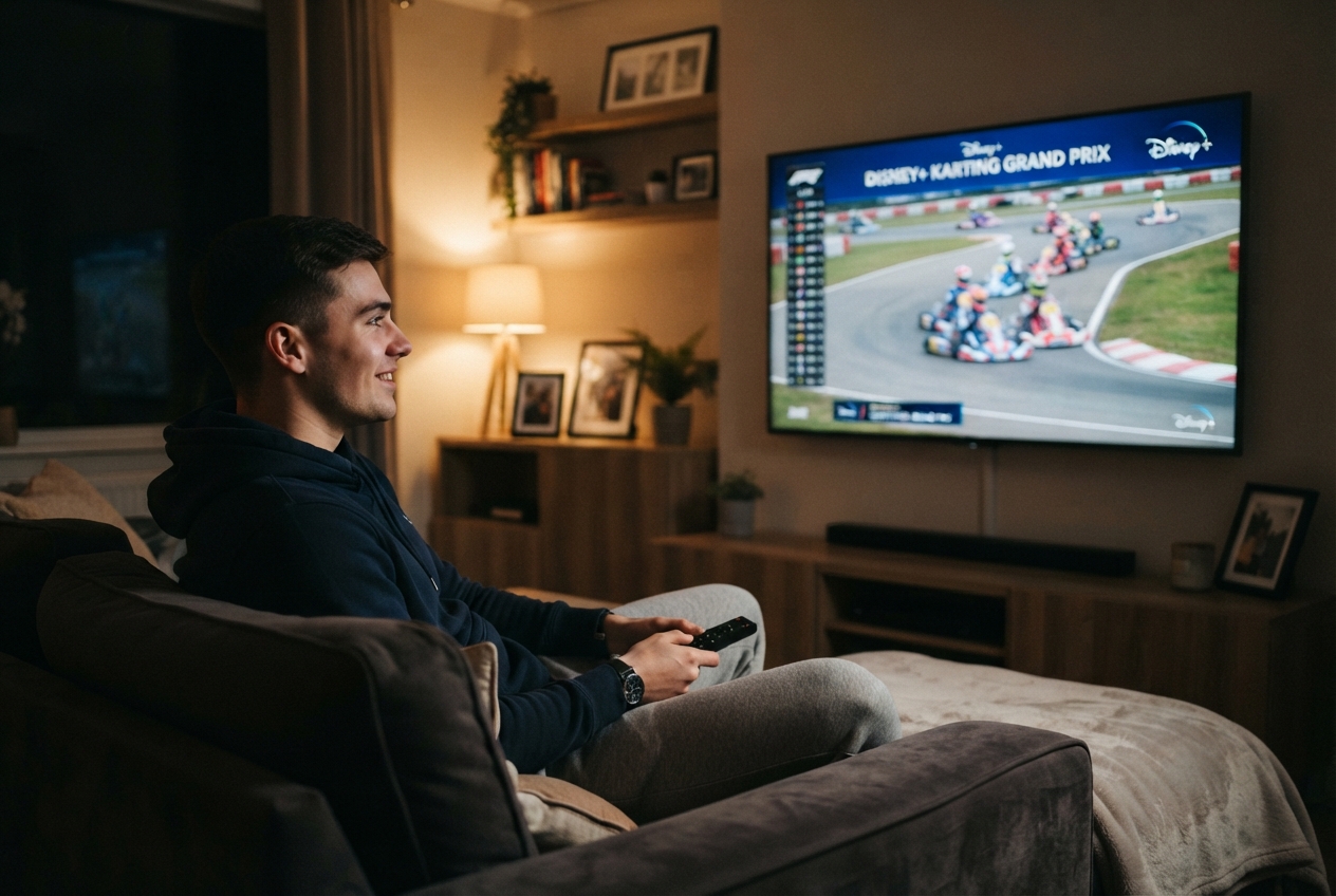 Un jeune homme regarde une course de karting sur Disney+ à la télévision.