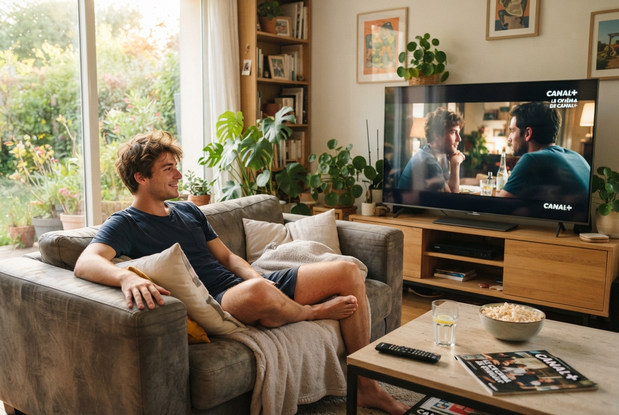 Un jeune homme regarde un film sur Canal+ dans son salon pendant l'été.