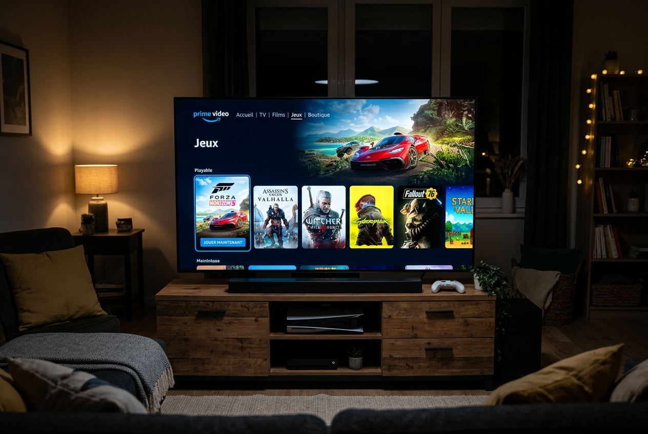 Interface de jeux vidéo affichée sur un écran de télévision.