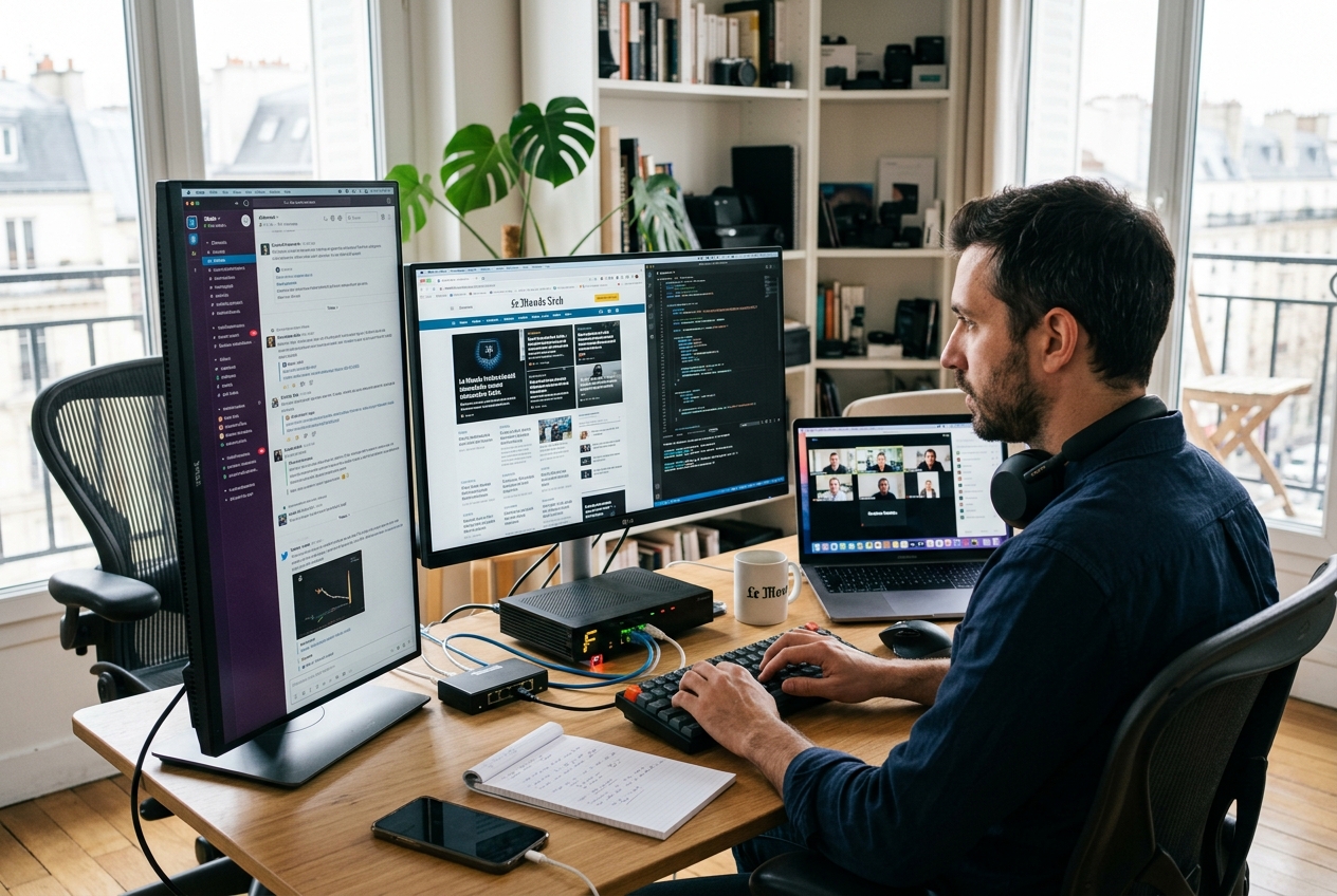 Journaliste travaillant sur plusieurs écrans devant une box internet dans un bureau à domicile.