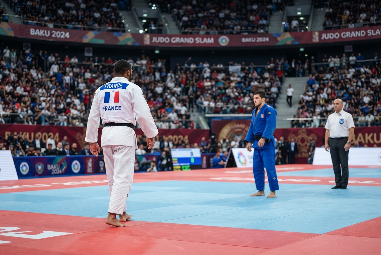 Judoka français en kimono blanc entrant sur le tatami lors d'une compétition internationale à Bakou.