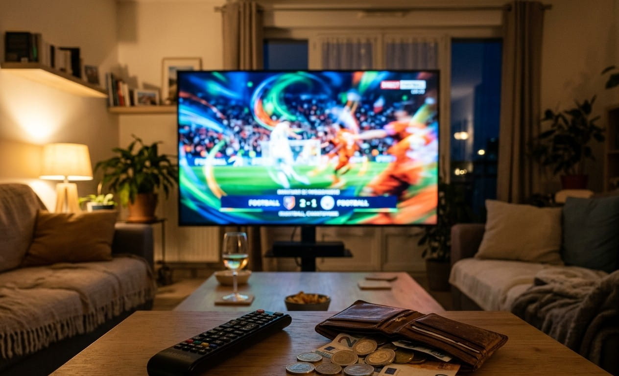 Salon en soirée, télécommande et porte-monnaie ouvert au premier plan devant une télévision diffusant une ambiance sportive abstraite