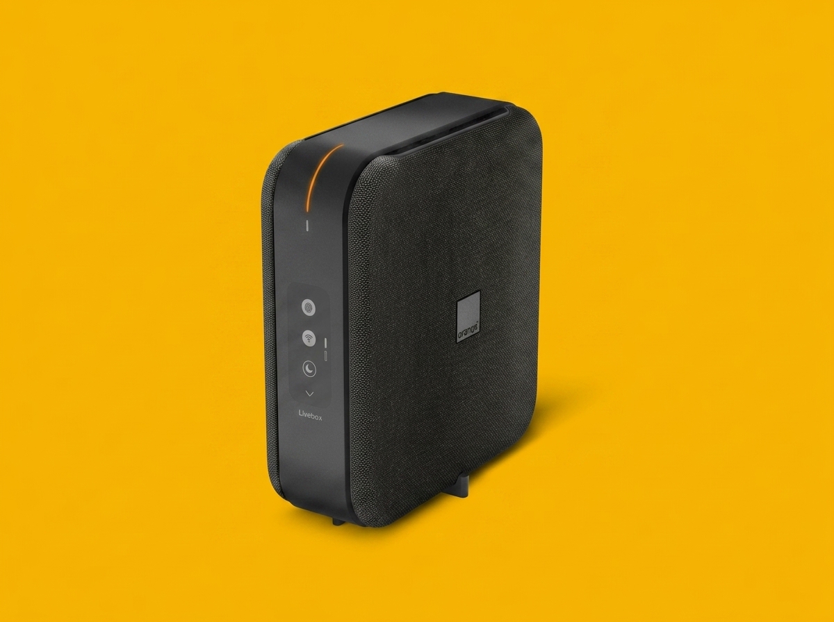 Routeur Livebox 7 d'Orange sur fond jaune.