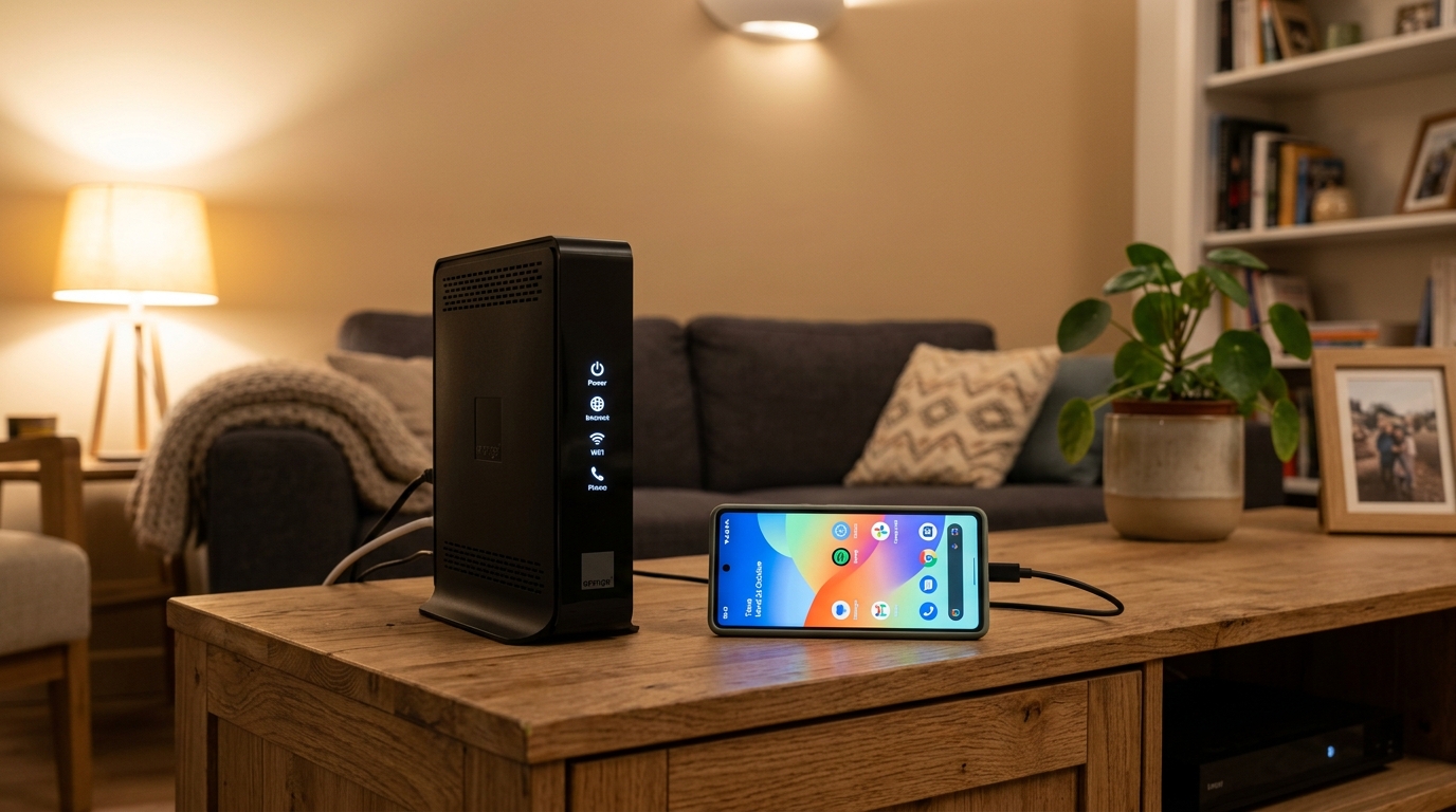 Une Livebox 7 et un smartphone allumé posés sur un meuble dans une pièce éclairée.