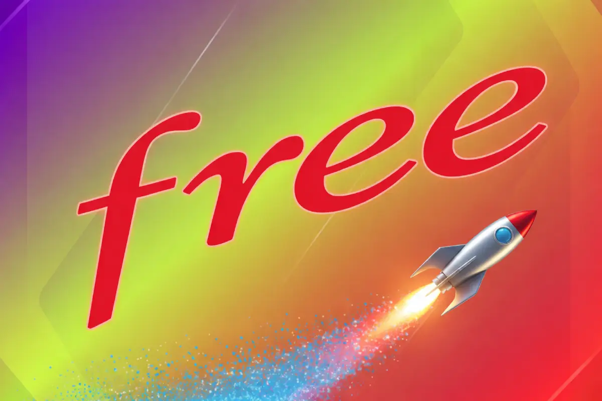 Fusée qui décolle, avec logo de Free sur fond multicolore, car eSIM gratuite pour Apple Watch avec la Série Free et le Free 5G