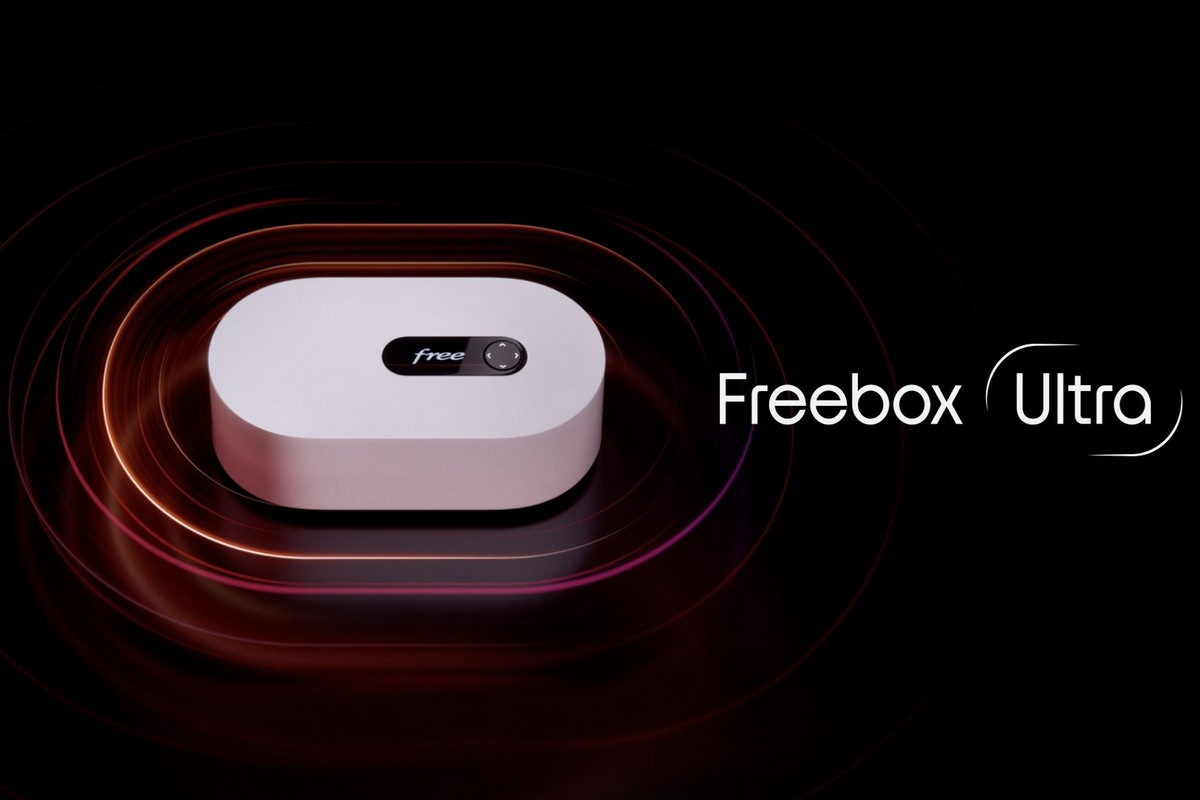 Modem de la Freebox Ultra sur fond noir, une super offre avec la SVoD comprise à moins de 50€ mensuels