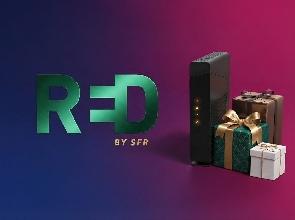 Logo RED by SFR en vert avec une box internet et des cadeaux sur fond dégradé.