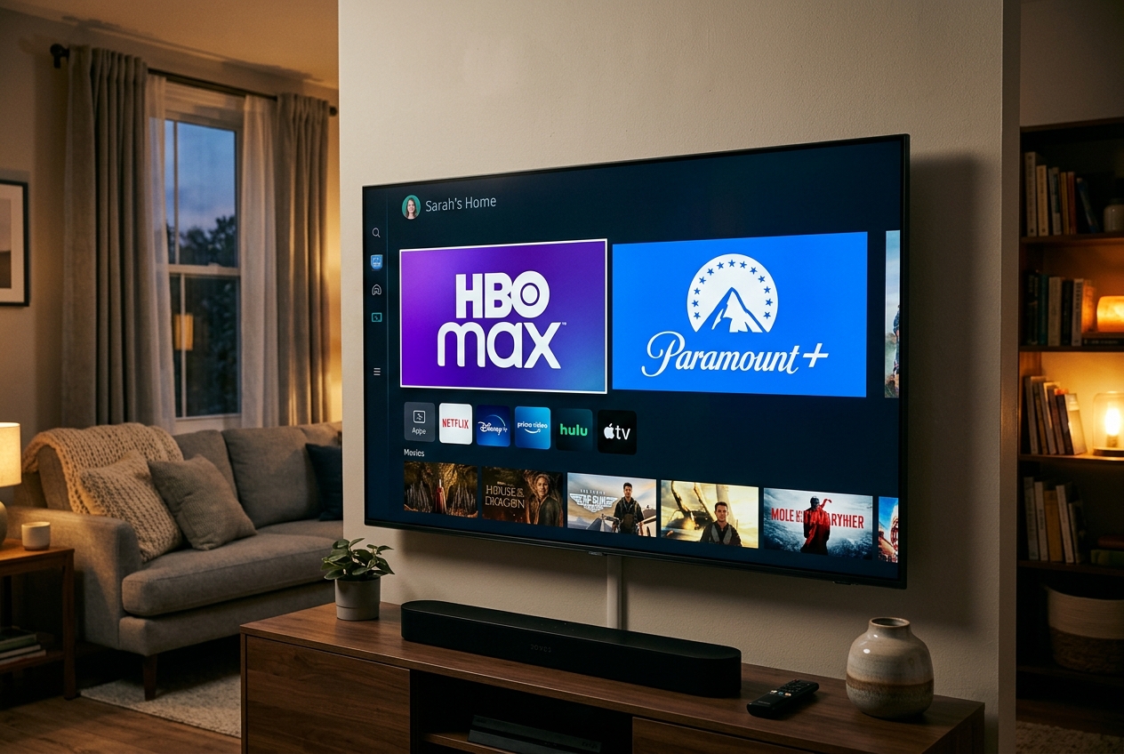 Logos HBO Max et Paramount+ affichés côte à côte sur un écran de télévision.