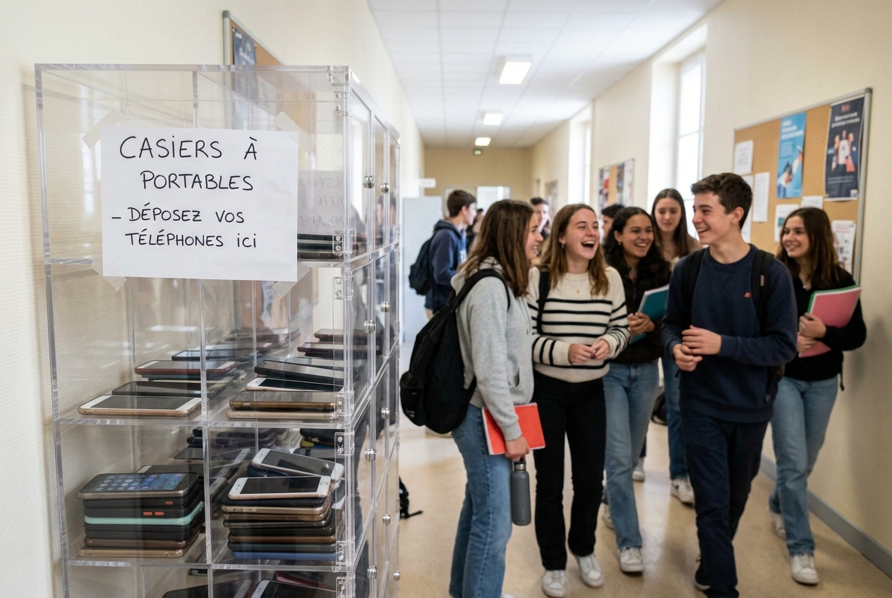 Casier transparent contenant des smartphones, avec des lycéens souriants dans un couloir.