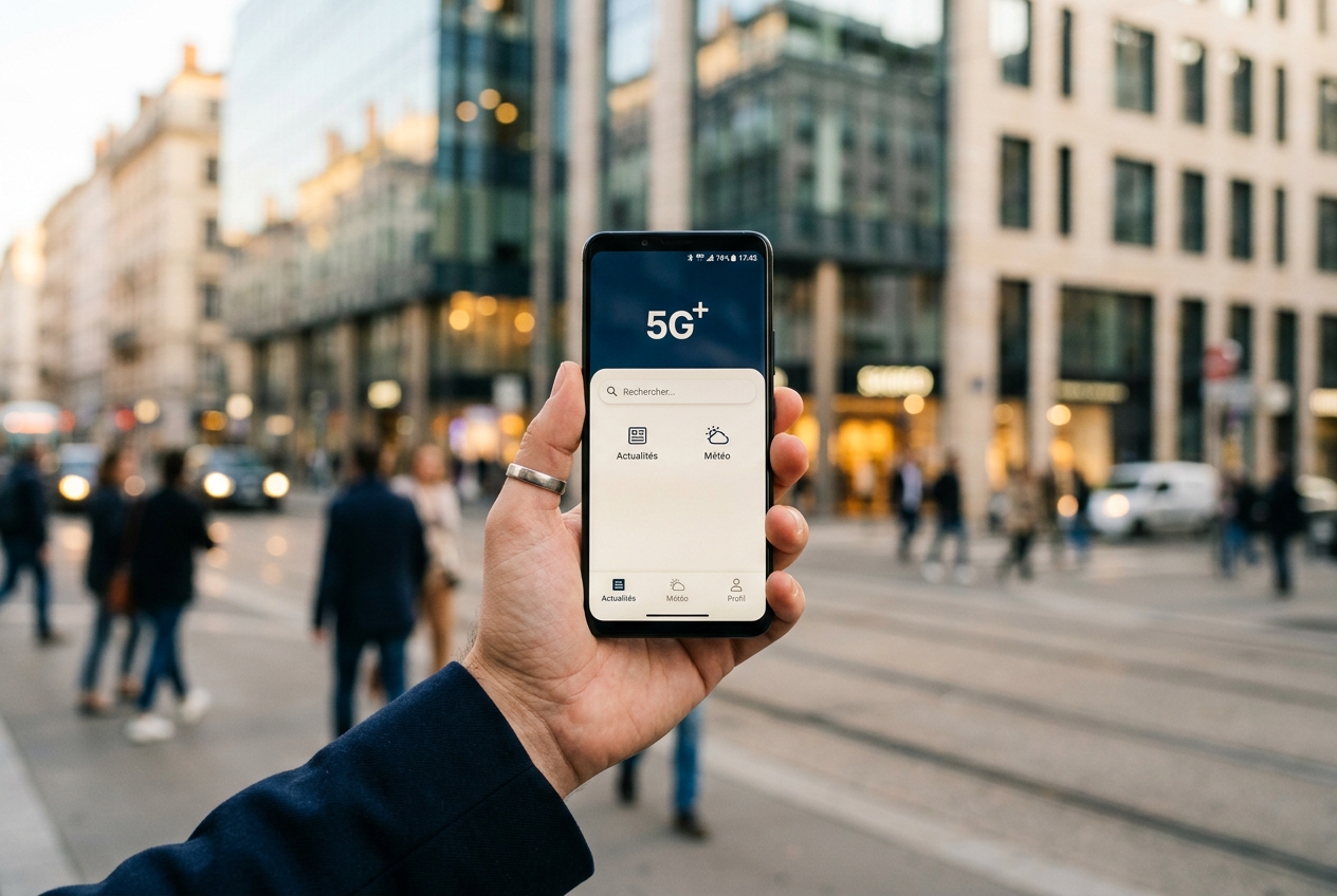 Main tenant un smartphone affichant le pictogramme 5G+ dans un environnement urbain.