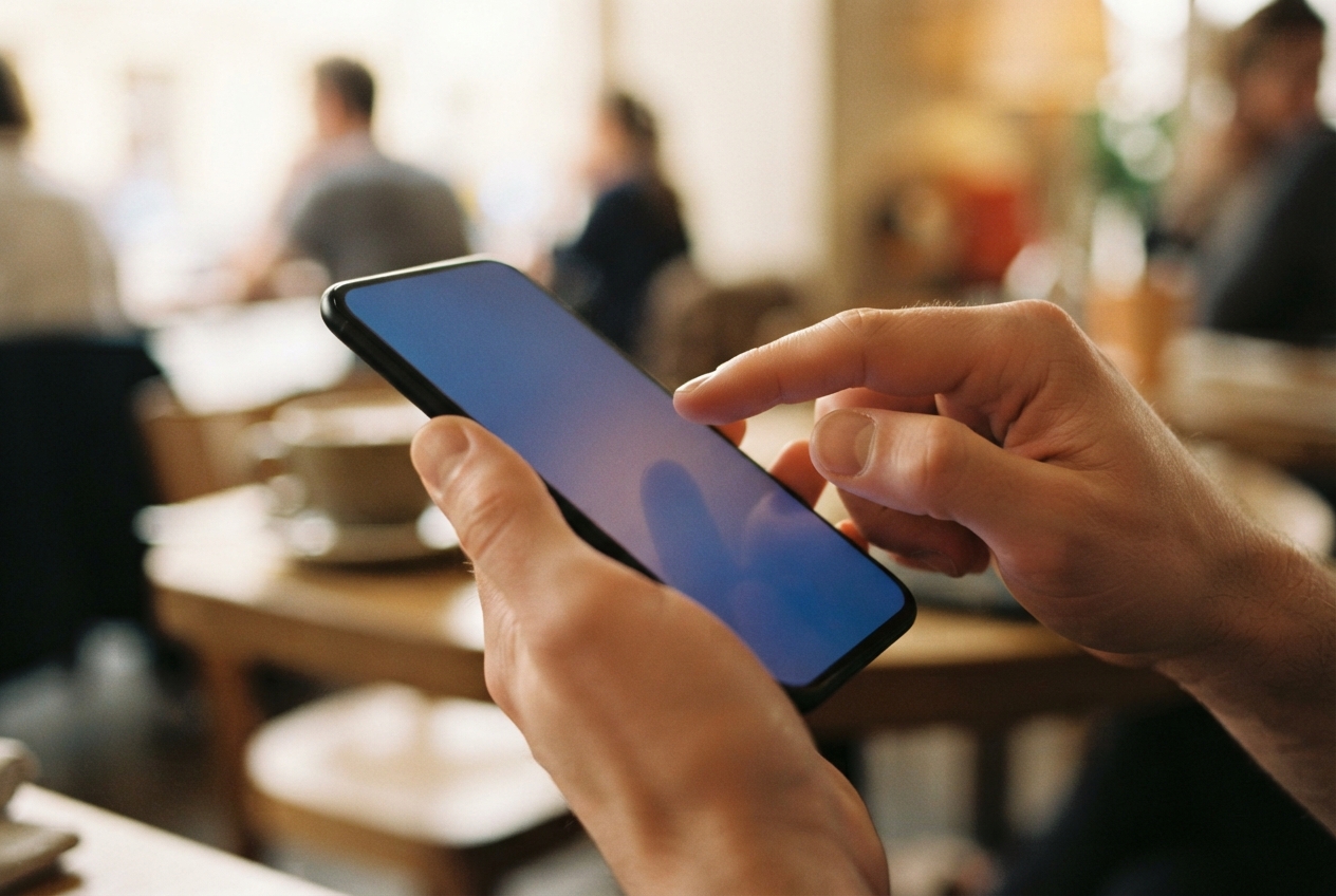 Gros plan sur des mains tenant un smartphone avec un écran bleu-violet, doigt prêt à toucher l'écran.