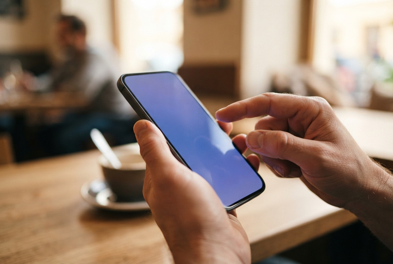 Gros plan sur des mains tenant un smartphone avec un écran bleu-violet, doigt prêt à toucher l'écran.