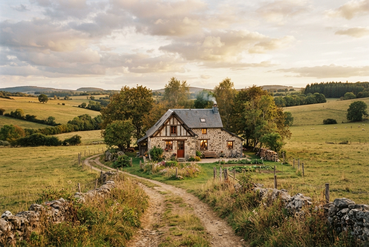 Une maison isolée située au milieu d'un champ en campagne.